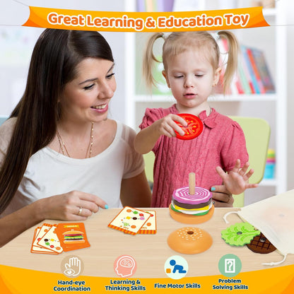 Jumlys Montessori Wooden Burger Stacking Toys for 2, 3, 4, 5 Year Olds, Fine Motor Toys for Kids Boys Girls, Ideal Preschool Educational and Learning Toys, Perfect Christmas Birthday Gifts