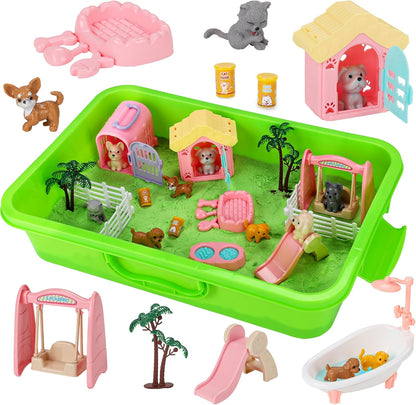 Mathea Pet Sensory Bin Kids Sensory Bins for Toddlers 1-3, Kids Sand Art Kit with Sensory Sand & Sandbox, Pretend Play Toys for Girls Boys Ages 3 4 5 6