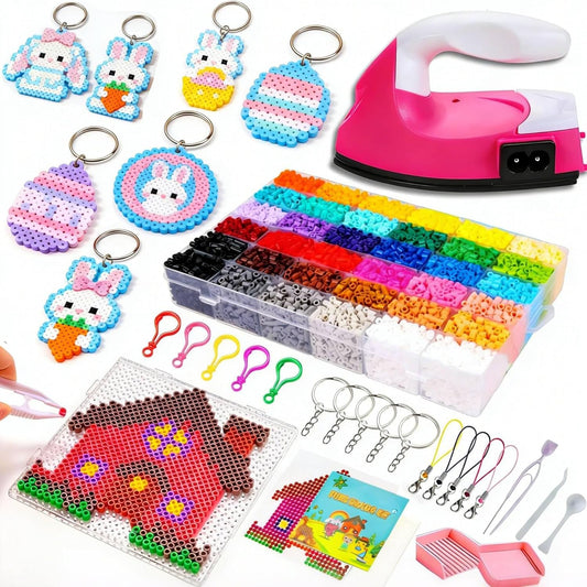 Fuse Beads Kit for Jewelry Making, 2000 Pcs Melty Beads with Storage Box and Big Iron, Create Bracelets, Keychains, Pixel Art, Complete Crafts for Girls & Boys Birthday Gifts, Easter Basket Stuffers