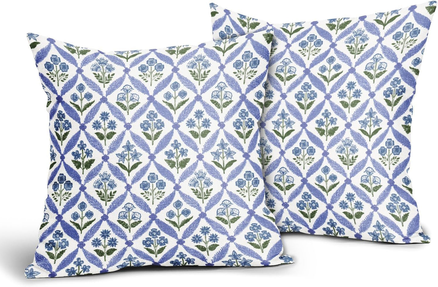 Blue Green Floral Block Print Pillow Covers 12X20 Set of 2, Flower Pattern Spring Summer Print Decorative Throw Pillow Covers Outdoor Farmhouse Seasonal Cushion Case Couch Sofa Bed Decor