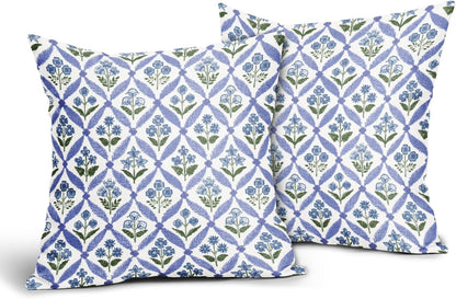 Blue Green Floral Block Print Pillow Covers 12X20 Set of 2, Flower Pattern Spring Summer Print Decorative Throw Pillow Covers Outdoor Farmhouse Seasonal Cushion Case Couch Sofa Bed Decor