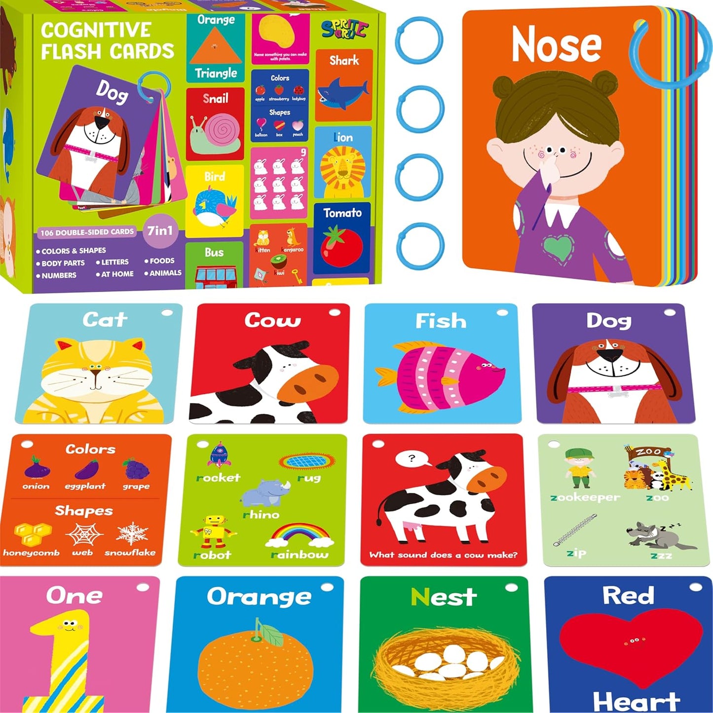 50 PCS Kid First Cognitive Flashcards,Double Sided Printed 7 in 1 Colorful Cards Alphabet,Numbers, Foods,Animals,Shapes,Colors with 3 Reclosable Rings,Learning Tool for Pre-K Kindergarten Toddlers