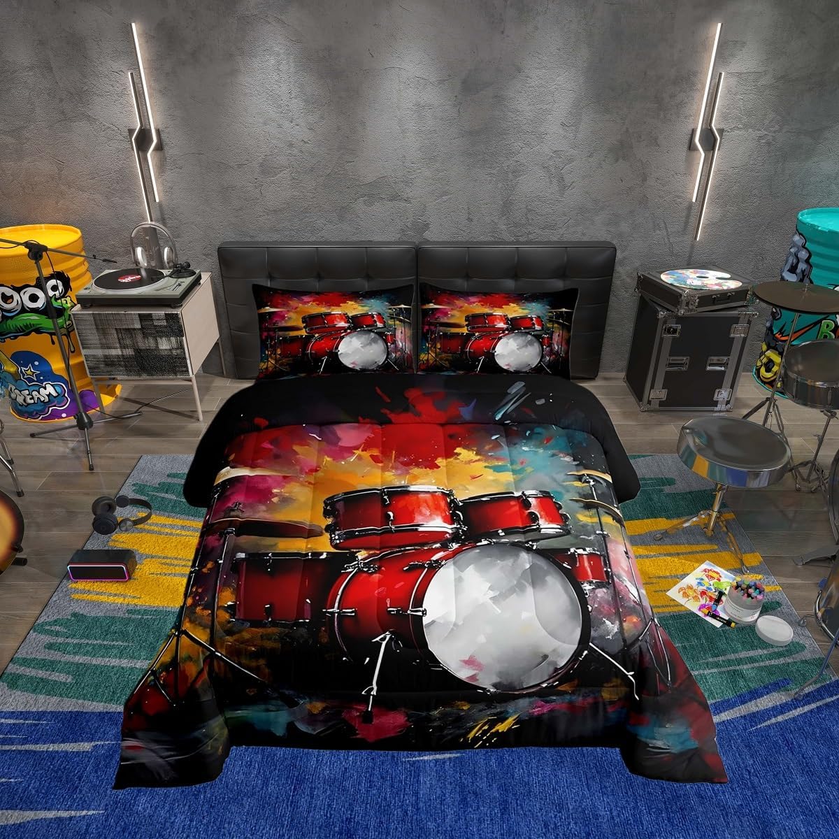 Erosebridal Drum Kit 3D Print Kids Comforter Sets Rock Music Themed Full Bedding Set for Boys Girls Musical Pattern Comforter Set,Colorful Retro Style Quilt Duvet 3 Pcs