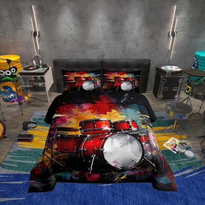 Erosebridal Drum Kit 3D Print Kids Comforter Sets Rock Music Themed Full Bedding Set for Boys Girls Musical Pattern Comforter Set,Colorful Retro Style Quilt Duvet 3 Pcs