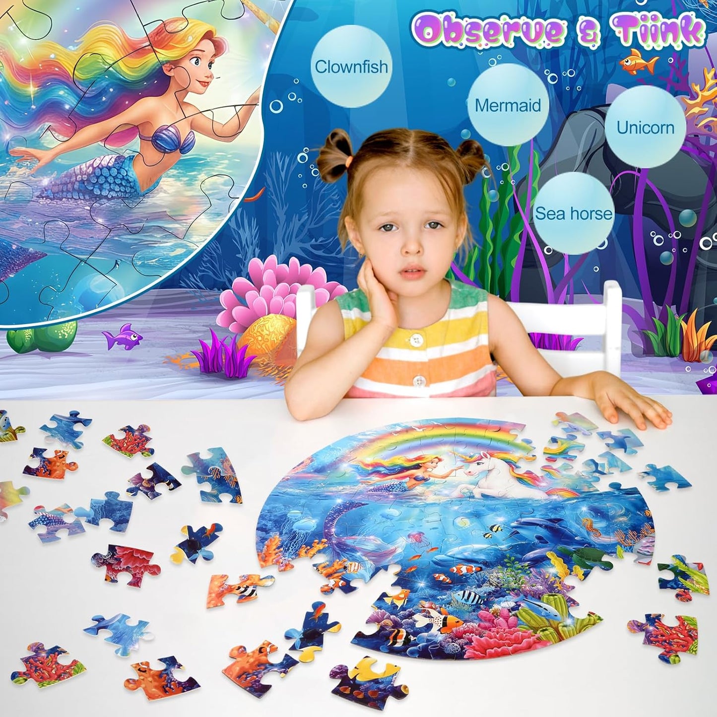 Soulchen 23 Inch Unicorn Mermaid Jigsaw Puzzles, 70 Piece Large Round Floor Puzzle for Kids Ages 4-8, Educational Preschool Learning Toys, Birthday Gifts for Girls 3 4 5 6 7 8 Years Old