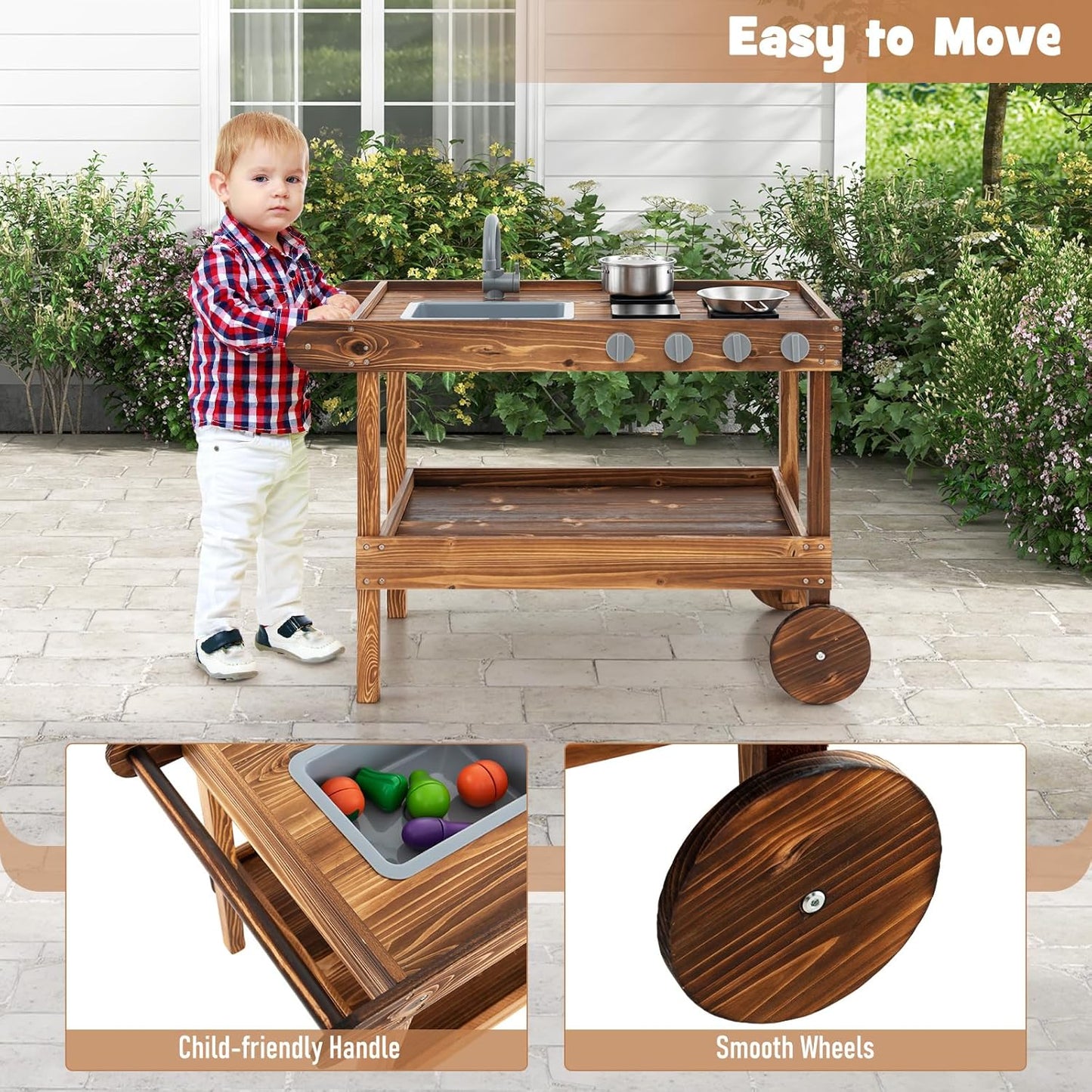 KOTEK Mud Kitchen with Canopy, Outdoor Play Kitchen with Removable Sink, Chalkboard, 4 Stoves, Cooking Accessories & Storage Cabinet, Wooden Toy Kitchen Playset for Kids Age 3+