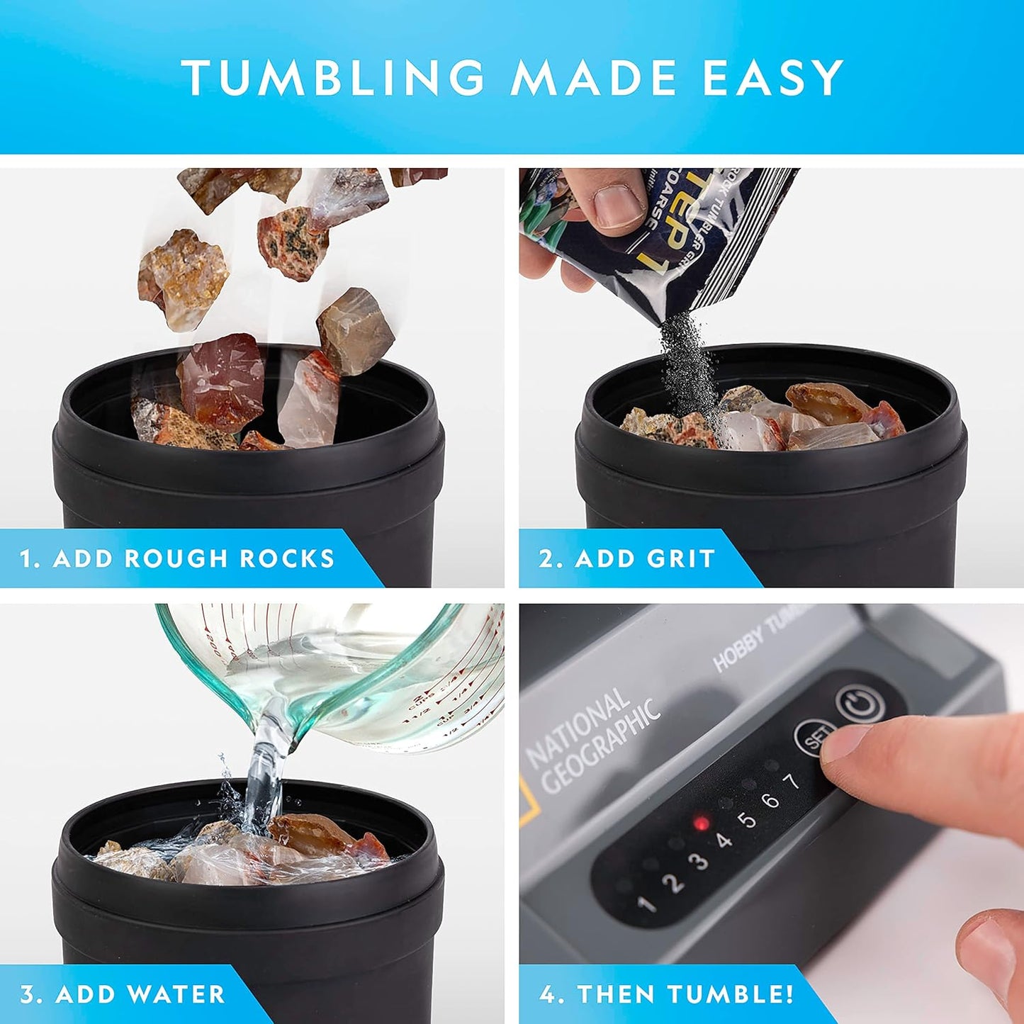 NATIONAL GEOGRAPHIC Rock Tumbler Refill Kit – 1 Lb. Madagascar Rocks for Tumbling with Rose Quartz, Red Jasper, Indigo Gabbro & More - Tumbler Supplies, Rock Polishing Grit and Jewelry Accessories