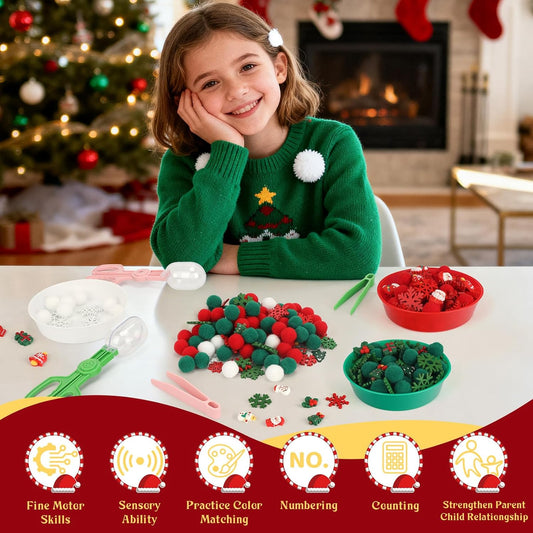 Christmas Sensory Bin Filler - 184 Pcs Christmas Fine Motor Toys, Colorful Counting Sorting Winter Decor for Kids, Pompoms Cups Tweezers Scissor Clips Xmas Resin for Preschool Education Activities