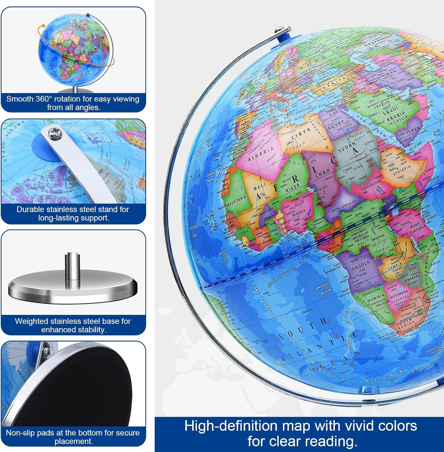 World Globe for Kids Learning - 6 inch Interactive Earth Globe with Stand for Children Students Educational Geography, Spinning World Globes Map Decorative Kids Room Classroom, Desk, Office, Home