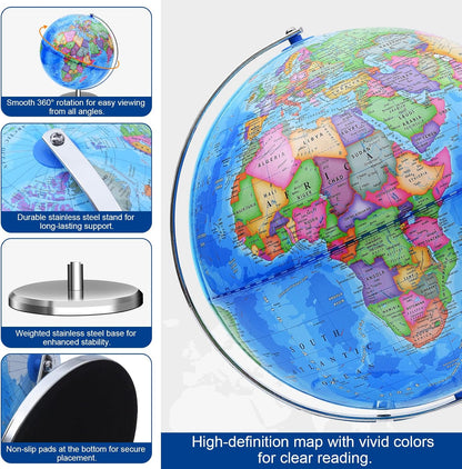 World Globe for Kids Learning - 6 inch Interactive Earth Globe with Stand for Children Students Educational Geography, Spinning World Globes Map Decorative Kids Room Classroom, Desk, Office, Home