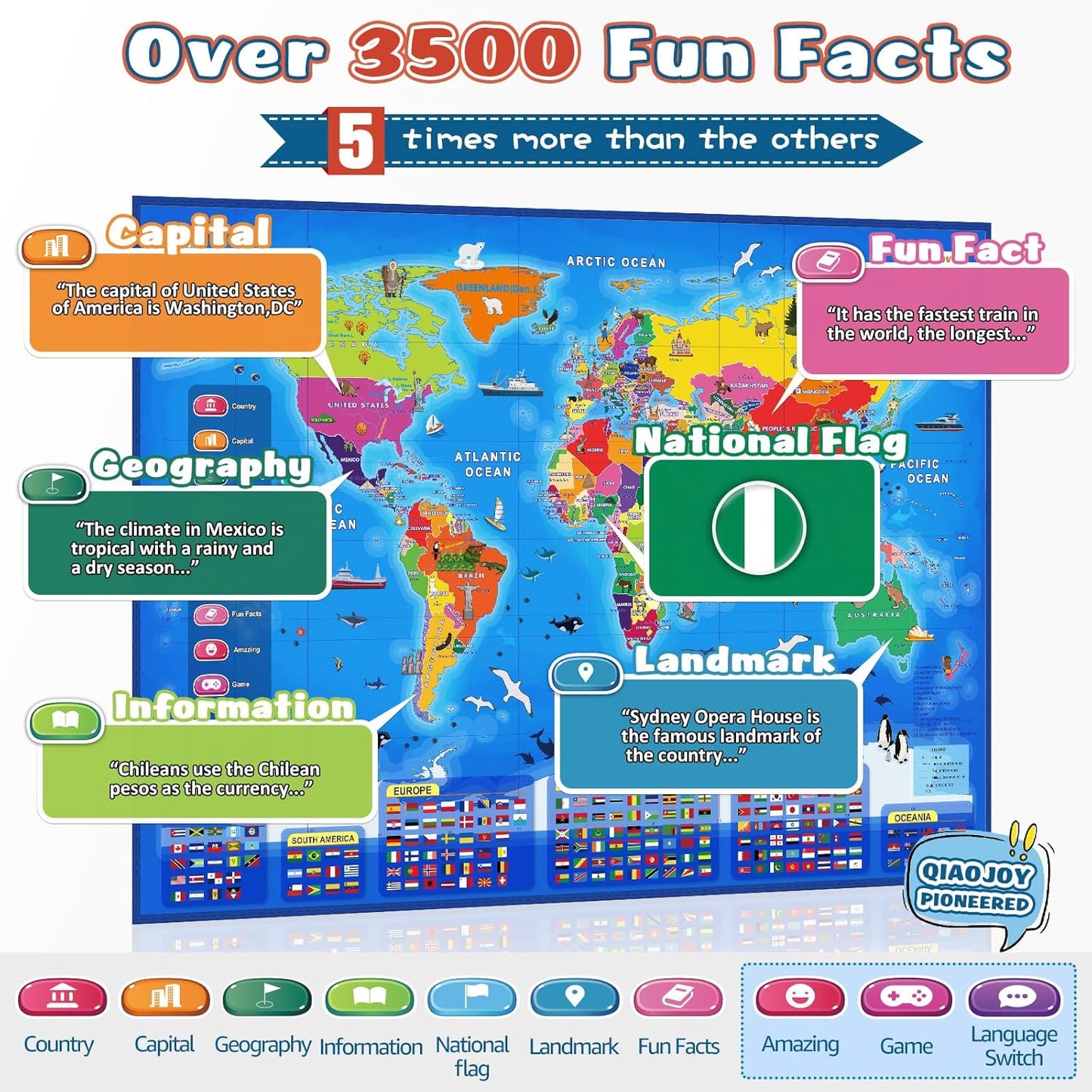 Qiaojoy Bilingual Interactive World Map for Kids Learning and Educational Toys, Talking Electronic Kids World Map i-Poster Geography Games Ages 3 to 12 Years Old, Custom Talking Birthday Gifts Card