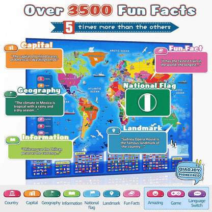 Qiaojoy Bilingual Interactive World Map for Kids Learning and Educational Toys, Talking Electronic Kids World Map i-Poster Geography Games Ages 3 to 12 Years Old, Custom Talking Birthday Gifts Card