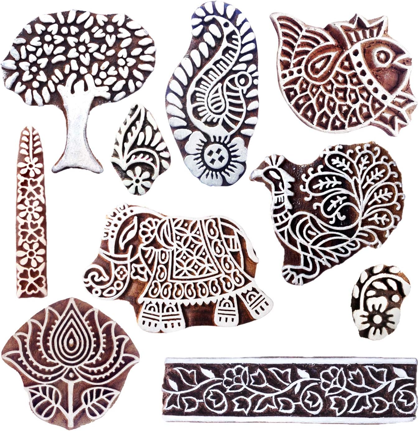 Royal Kraft Wooden Stamps for Block Printing on Saree Border, Textile, Clay, Pottery, Tattoo (Set of 10) MXtag0006