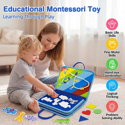 Busy Board Montessori Toys for Toddlers 1-3, 2-4, Boys Birthday Gift, Educational Activity Busy Books Sensory Learning Toys, Travel Toys for Airplane Car