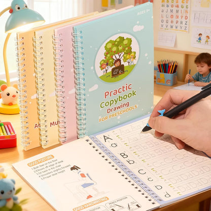 Magic Grooved Writing Practice Books, Handwriting Practice Magic Copybook for Kids Ages 3-8, Large Grooved Writing PracticeBook Aid Magic Pen Reusable Letter Learning Kit, Kindergarten Workbooks