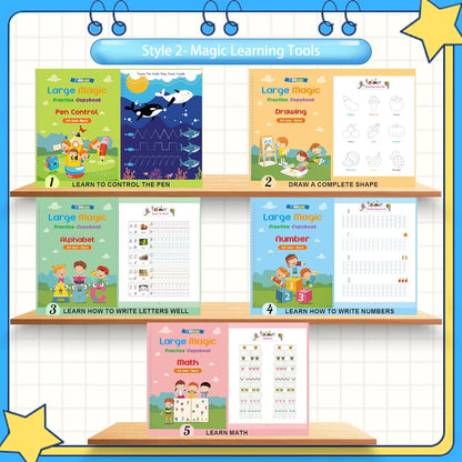 Large Magic Practice Copybook for Kids,Handwriting Grooved Practice Book 6 Pack with Pen Refill English Cursive Calligraphy Reusable Age 3-8（A4 Size）