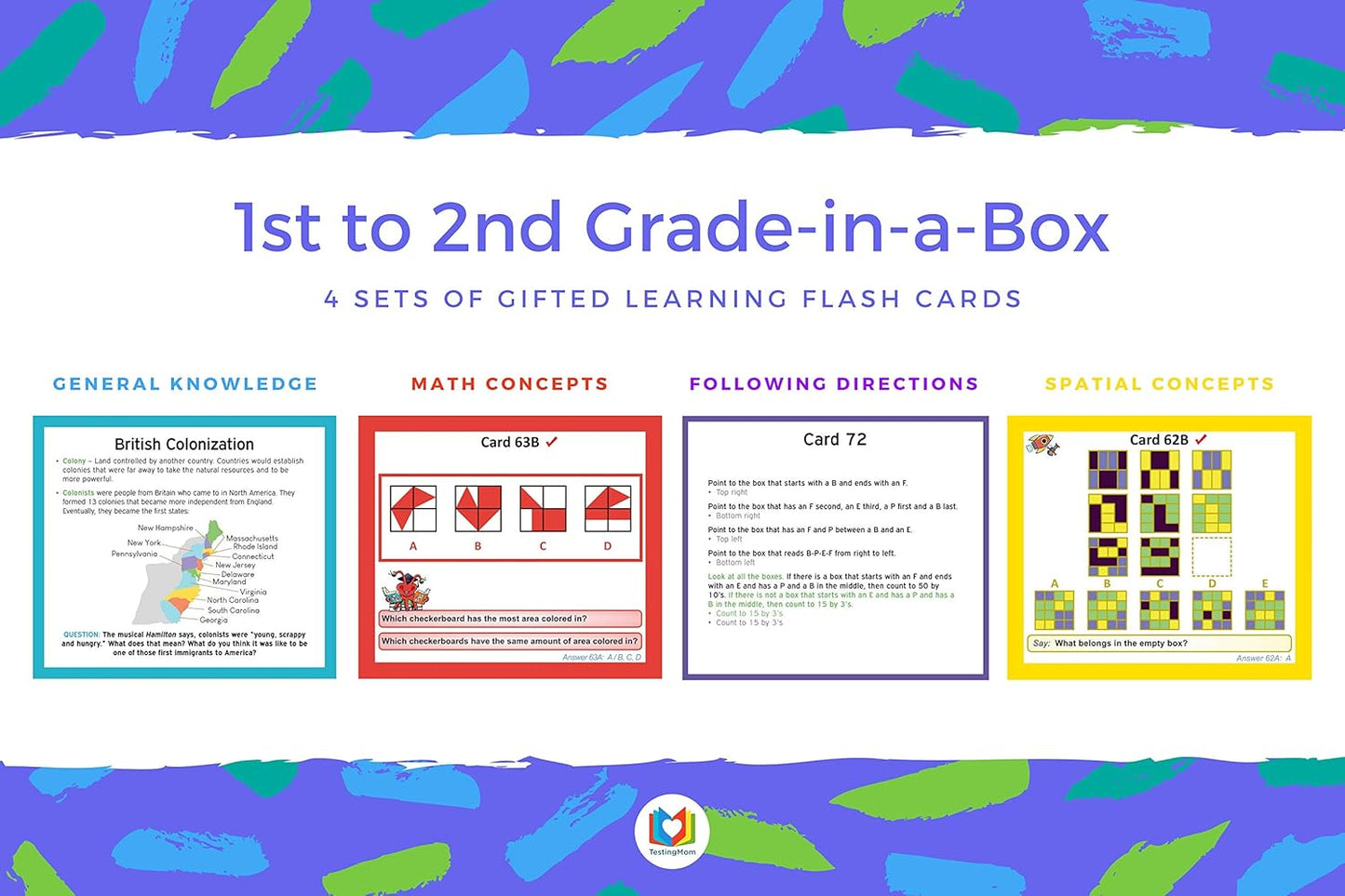TestingMom.com Gifted Learning Flash Cards Bundle - Educational Flash Cards for 6-8 Years - Knowledge, Spatial Concepts, Following Directions and Math Flash Cards for Grade 1-2 CogAT, OLSAT, NNAT