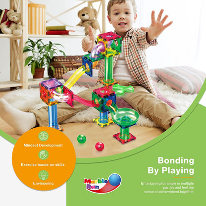 PicassoTiles 108pc Magnetic Marble Run Set with Building Tiles Race Track Car Slides Set STEM Learning Toy 3-in-1 Preschool Construction Kit for Indoor Activity and Development for Kids age 3+ PTG108