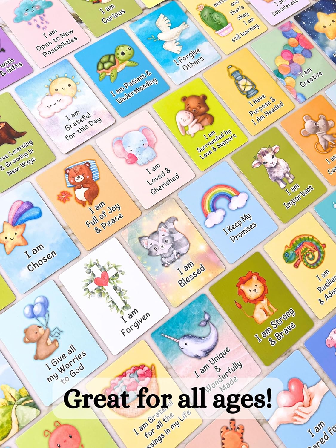 Christian Biblical Affirmation Cards for Kids, 52 Affirmations with Bible Verse on Back, Scripture Memory Cards, Bible Study, Encouragement Gift for Boys and Girls