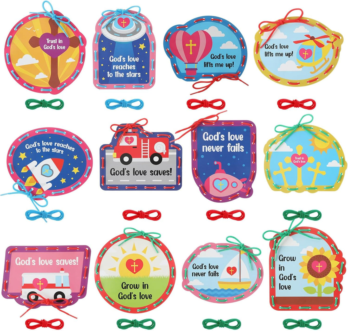 Skyygemm 36 Pcs Religious Lacing Cards Cutouts God's Love Jesus Christian Sewing Cards Kits for Preschoolers with 3 Colorful Laces for Sunday School VBS Favors 12 Styles