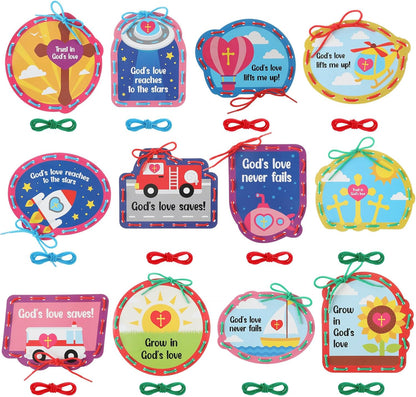 Skyygemm 36 Pcs Religious Lacing Cards Cutouts God's Love Jesus Christian Sewing Cards Kits for Preschoolers with 3 Colorful Laces for Sunday School VBS Favors 12 Styles