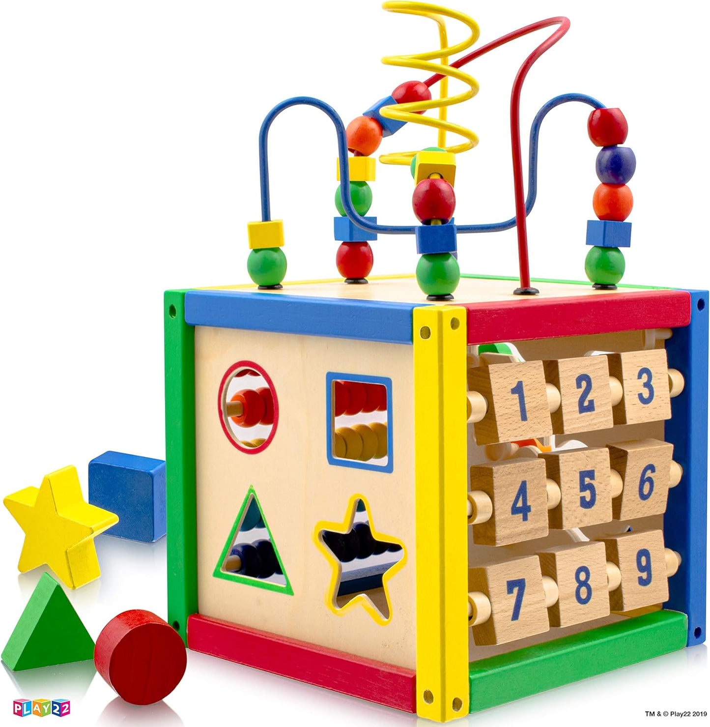 Play22 Wooden Activity Cube for Baby - 6 in-1 Baby Activity Play Cube with Bead Maze, Shape Sorter, Abacus Counting Beads, Counting Numbers, Sliding Shapes, Removable Bead Maze, 8Pcs Stacking Cups