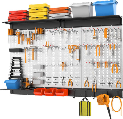 WALMANN 113 PCS Pegboard Wall Organizer Kit with Pegboard Hooks, Bins, Shelves, Pegboard Tools Storage System for Garage, Workbench, Modular Peg Board Tool Organizer Board with Hooks(Black)