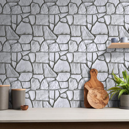 COMSTICKC 3D Faux Gray Stone Wall Sticker Peel and Stick Wall Panels,10 Pcs of 12"X12",Ultra-Light Thin PVC Decorative Tiles Rocks Stone Backsplash Interior Decor,Paintable