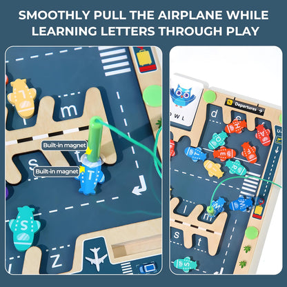 Magnetic Alphabet Maze for Kids Ages 3-5,Wooden Aircraft Montessori Magnet Maze Puzzle Board