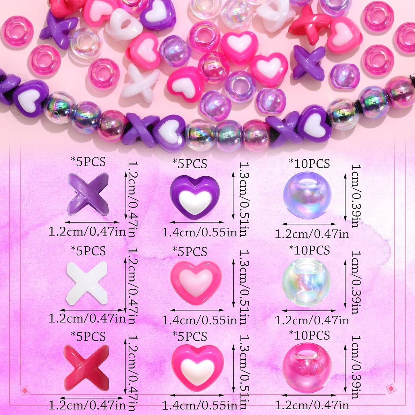 60PCS Pink White Hair Beads for Braids Three Styles Cute Loc Beads Heart Shape Bead for Kids Dreadlock AB Color Round Pony Bead Accessories