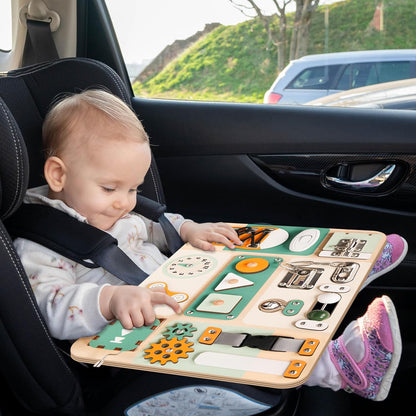 Montessori Busy Board for Baby & Toddlers 1-3 - Wooden Sensory Activity Board with 13 Activities, Real Metal Locks & Latches - Fine Motor Skills Educational Toy for 1 2 3 Year Old - Travel Friendly