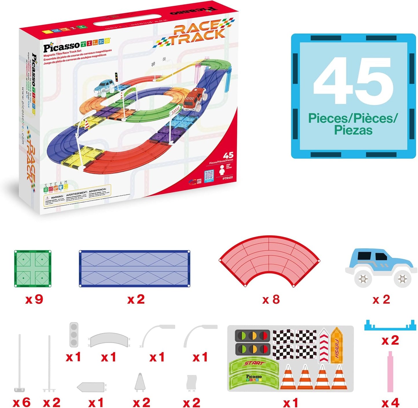 PicassoTiles 121pc Magnetic Tile Race Track Marble Run Magnet Tiles 3-in-1 Playset Car Racing Construction Set STEM Learning Early Education Building Toy Cars for School Toddlers Boys Girls Ages 3+