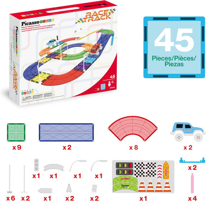PicassoTiles 121pc Magnetic Tile Race Track Marble Run Magnet Tiles 3-in-1 Playset Car Racing Construction Set STEM Learning Early Education Building Toy Cars for School Toddlers Boys Girls Ages 3+