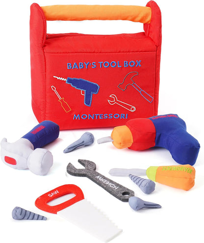 Jollybaby Soft Kid Tool Box Set Toy Inclub Drill Hammer Saw Wrench Screwdriver Screw for Baby, Montessori Preschool Educational Learning Construction Toys for Boy Birthday Gift - RED