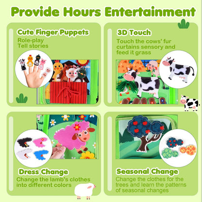 Busy Board for Toddler, Montessori Toys Farm Animals Busy Book for 2-4 Year Old Boy Girl, Quiet Activity Books Gift for Kid, Felt Busy Learning Toy for Toddlers, Car Airplane Travel Toys