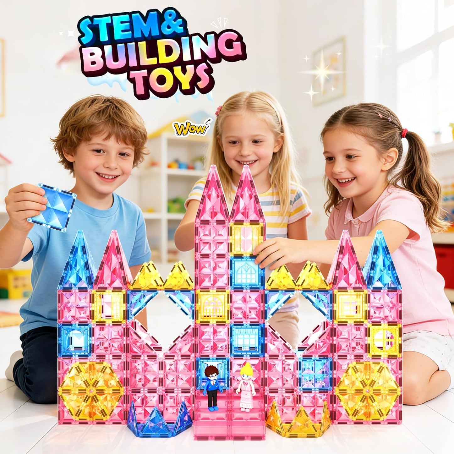 Magnetic Tiles 102pcs with 2 Stairs 2 Dolls Princess Castle Building Girls Toys Age 4-5 6-8 Magnetic Blocks Birthday Xmas Gifts for Girls Toys for 3 4 5 6 7 8+ Year Old