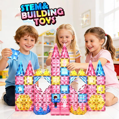 Magnetic Tiles 102pcs with 2 Stairs 2 Dolls Princess Castle Building Girls Toys Age 4-5 6-8 Magnetic Blocks Birthday Xmas Gifts for Girls Toys for 3 4 5 6 7 8+ Year Old