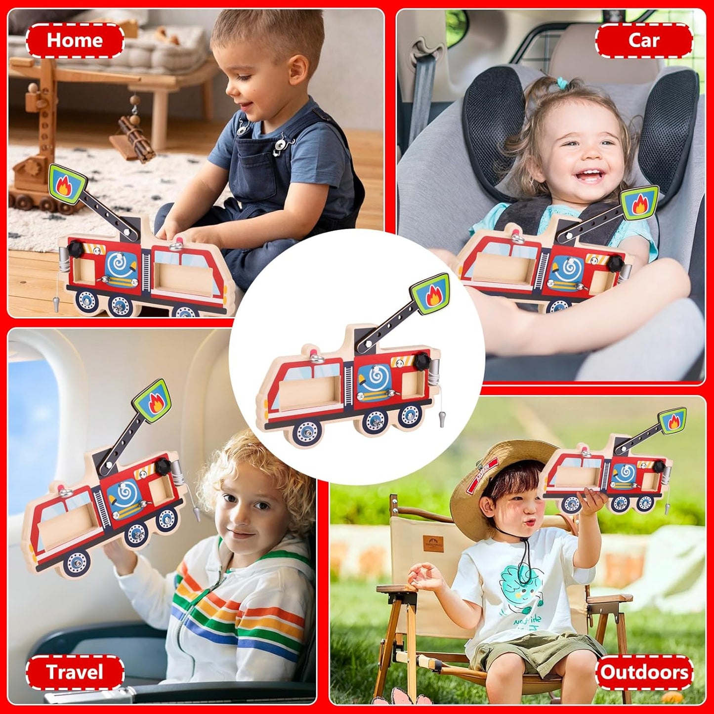 Montessori Screwdriver Busy Board Fire Truck – Wooden STEM Fine Motor Skills Sensory Learning Toy for Kids Ages 2–6, Great Gift for Boys and Girls,with Storage Bag