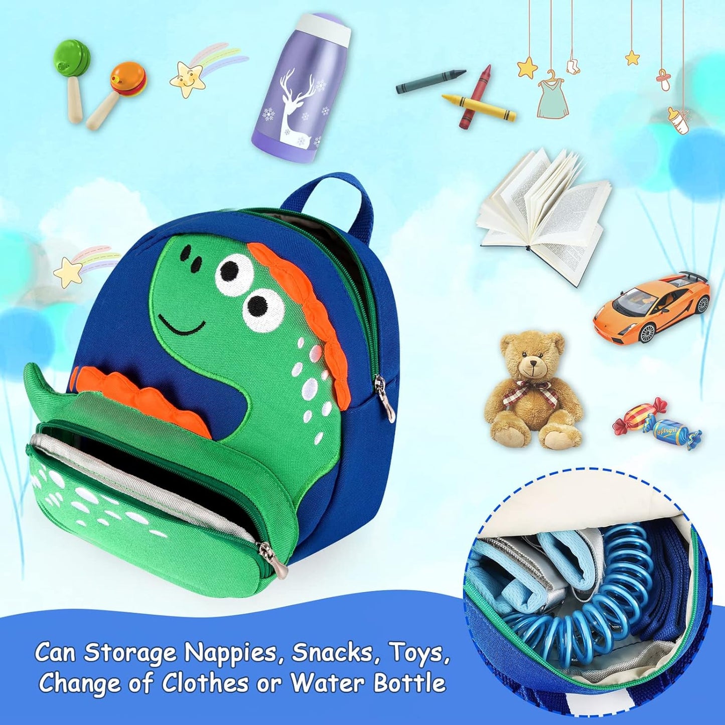 Accmor Toddler Harness Backpack Leash, Cute Dinosaur Backpacks with Anti Lost Wrist Link, Cute Mini Child Backpack Wristband Tether Strap and Protection Leashes for Boys Girls Aged 1-3 Years