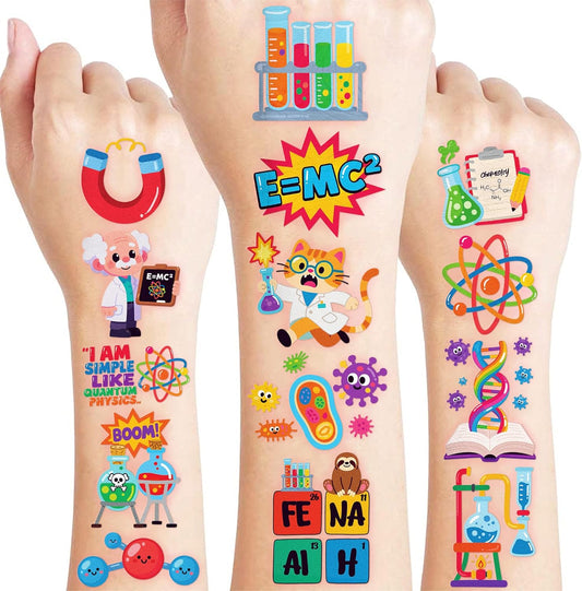 96 PCS Funny Science Pre-Cut Temporary Tattoos for Kids | Super Cute Scientist Themed Birthday Party Favors, Supplies, Decorations, Fake Tattoo Stickers, School Rewards Prizes & Gifts for Boys Girls
