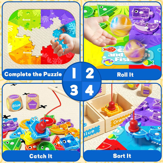 Montessori Toys for Toddlers 1-3, Magnetic Fishing Game for Kids 2-4, Color & Shape Sorter Educational Learning Toys with Wooden Box & Puzzle for Boys Girls 3-5
