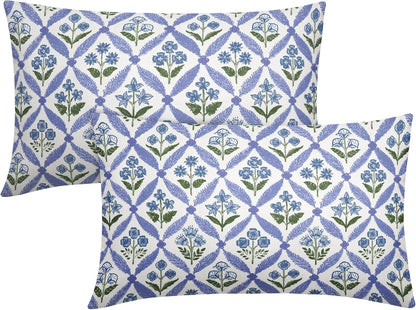 Blue Green Floral Block Print Pillow Covers 12X20 Set of 2, Flower Pattern Spring Summer Print Decorative Throw Pillow Covers Outdoor Farmhouse Seasonal Cushion Case Couch Sofa Bed Decor