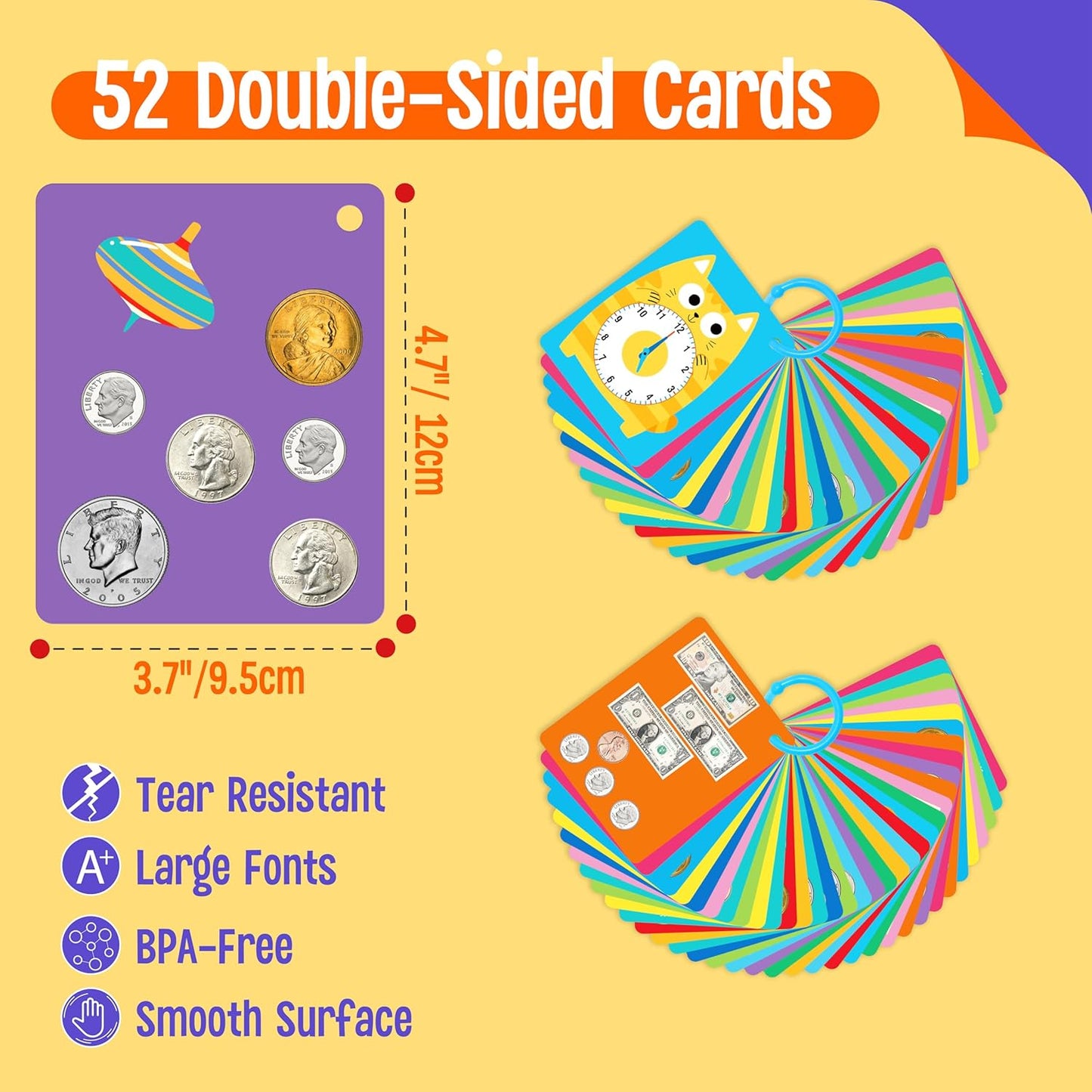 50 PCS Kid First Cognitive Flashcards,Double Sided Printed 7 in 1 Colorful Cards Alphabet,Numbers, Foods,Animals,Shapes,Colors with 3 Reclosable Rings,Learning Tool for Pre-K Kindergarten Toddlers
