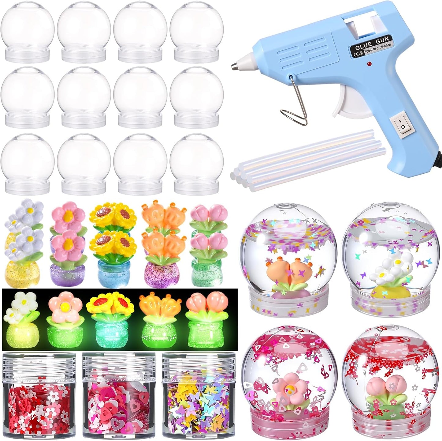 12 Sets DIY Duck Snow Globe Kit for Kids, 12 Globe Bottles, Glow in The Dark Duck Figurines, Glitter Sequins & Mini Hot Glue Gun, Summer Fun Craft Activity Set, Birthday Party Favor Gift