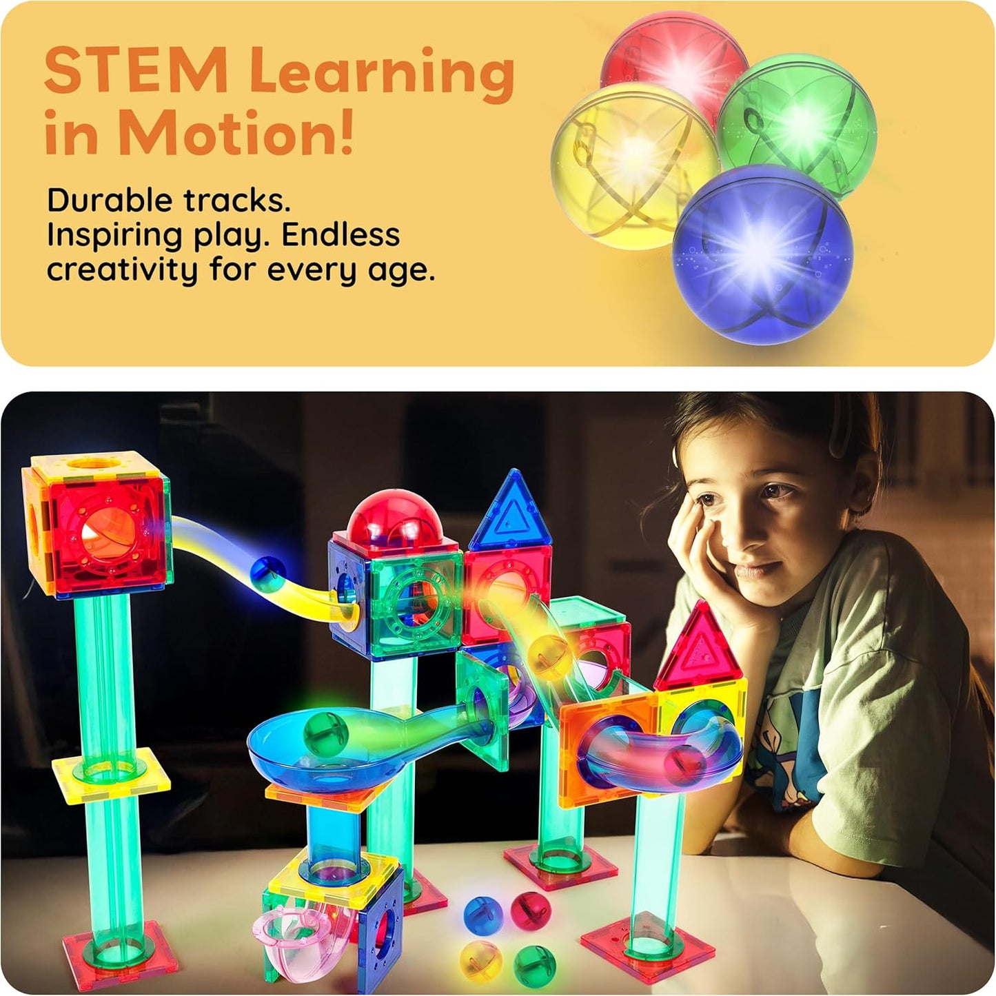 PicassoTiles 70pc Marble Run Magnetic Tiles STEM Set for Kids Ages 3 and Older Magnet Tile Marbles Maze Building Blocks Brain Development Toy Preschool Educational Learning Construction Playset PTG70