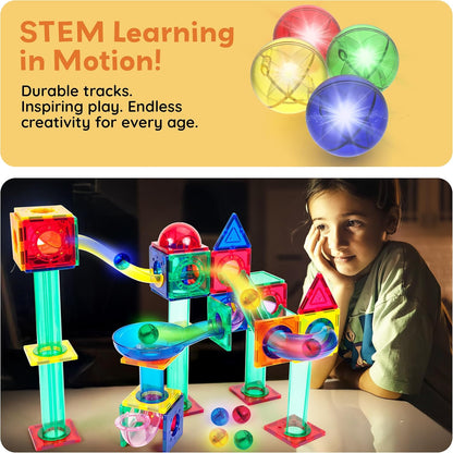 PicassoTiles 70pc Marble Run Magnetic Tiles STEM Set for Kids Ages 3 and Older Magnet Tile Marbles Maze Building Blocks Brain Development Toy Preschool Educational Learning Construction Playset PTG70