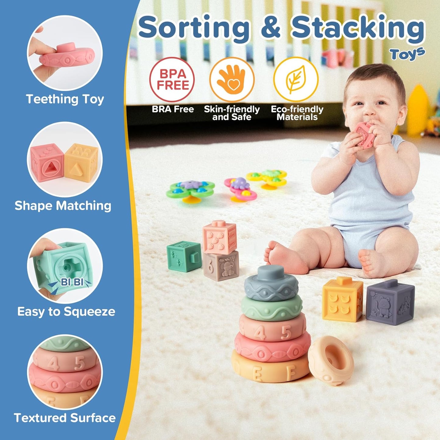 6-in-1 Baby Toys 6 to 12 Months, Montessori Toys for Babies 6-12-18 Months, Infant Teething Toy Stacking Blocks Rings Sensory Bin, Sorting Sensory Educational Learning Gift for Toddlers Aged 1-3