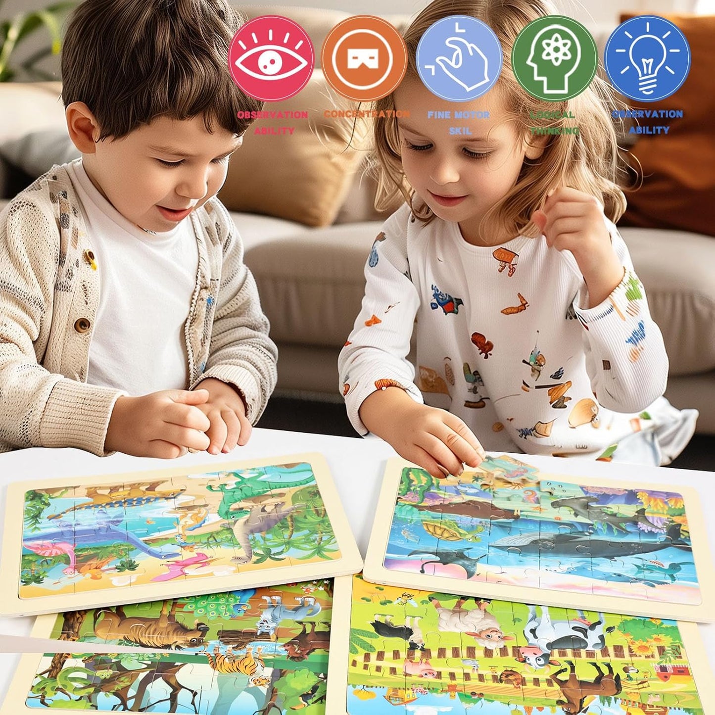 4 Sets of Wooden Puzzles, Each Set has 24 Pieces, Including Castle Unicorn Princess, for Toddlers 3-5, Puzzles for Kids Ages 4-6, Preschool Educational Brain Teaser Toys for Girls 3 4 5 6 Years Old.