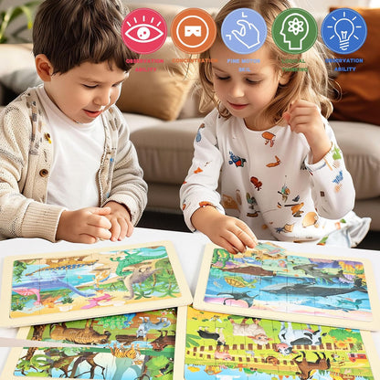 4 Sets of Wooden Puzzles, Each Set has 24 Pieces, Including Castle Unicorn Princess, for Toddlers 3-5, Puzzles for Kids Ages 4-6, Preschool Educational Brain Teaser Toys for Girls 3 4 5 6 Years Old.
