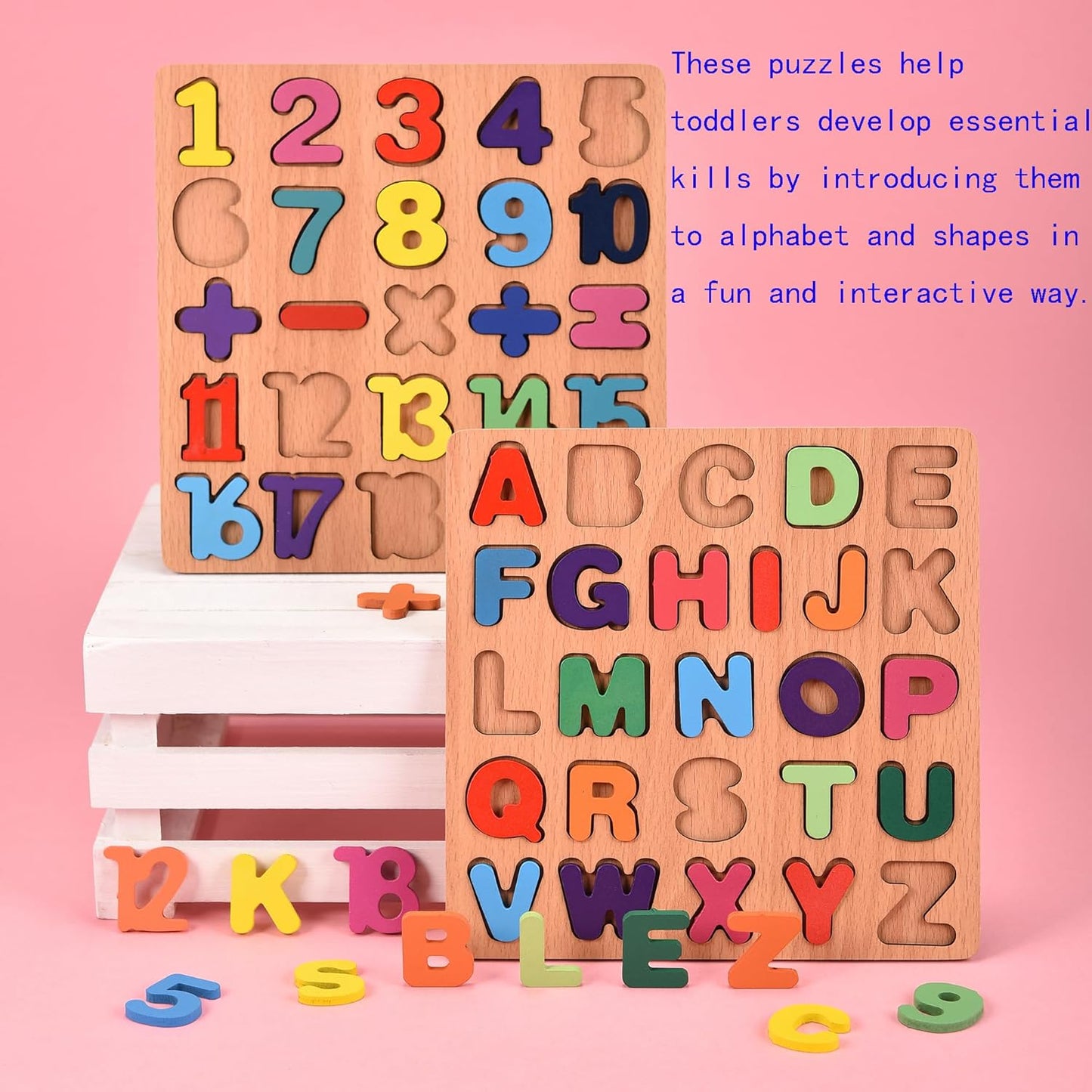 2PCS Wooden Alphabet Number Shape Puzzles for Toddlers, Educational Learning Puzzles Game (Alphabet & Number)